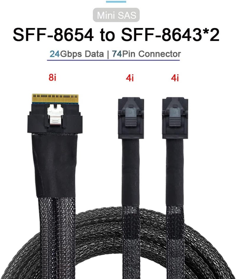 Cablecc PCI-E Ultraport Slimline SAS Slim 4.0 SFF-8654 8i 74pin to Dual SFF-8643 4i Mini SAS HD Cable PCI-Express - Image 2